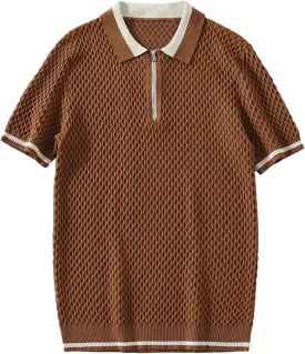 2025 Men's Casual V Neck Knitted Polo Shirt Slim-Fit Cotton Pique Solid Color Short Sleeve Shirt
