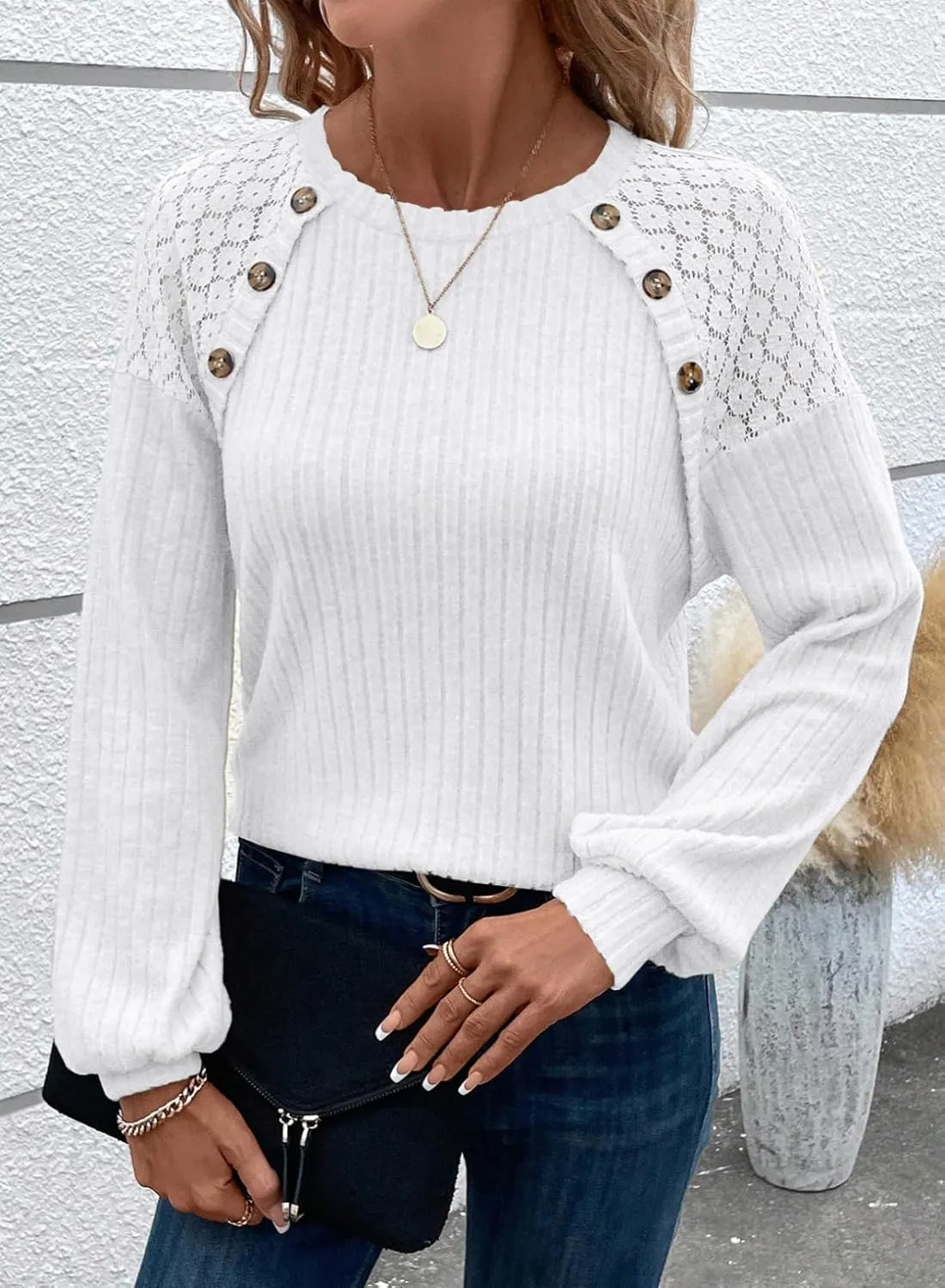 Acelitt Womens Fall Long Sleeve Tunic Tops Casual Crew Neck Dressy Shirt Lace Patchwork Blouses Pullover Sweaters