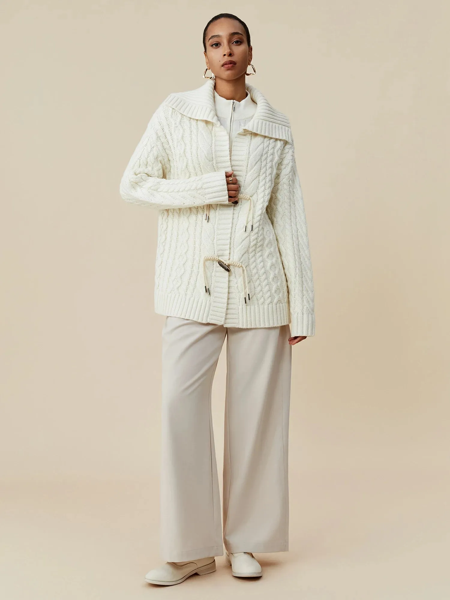Amoretu 100% Wool Lapel Long Sleeve Knit Cardigan