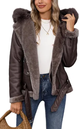 Bellivera Women Faux Suede Leather Jacket Moto Biker Coat Sherpa-Lined Outerwear with Detachable Belt