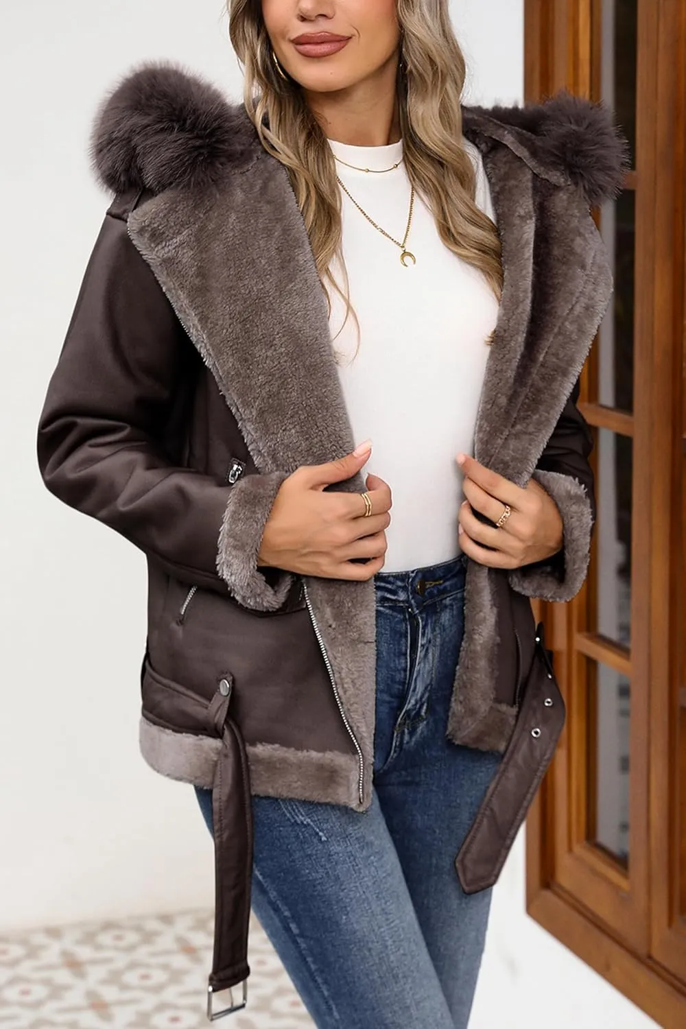 Bellivera Women Faux Suede Leather Jacket Moto Biker Coat Sherpa-Lined Outerwear with Detachable Belt