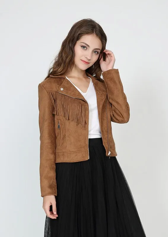 Brown faux leather Women high quality suede leather jacket spring fall