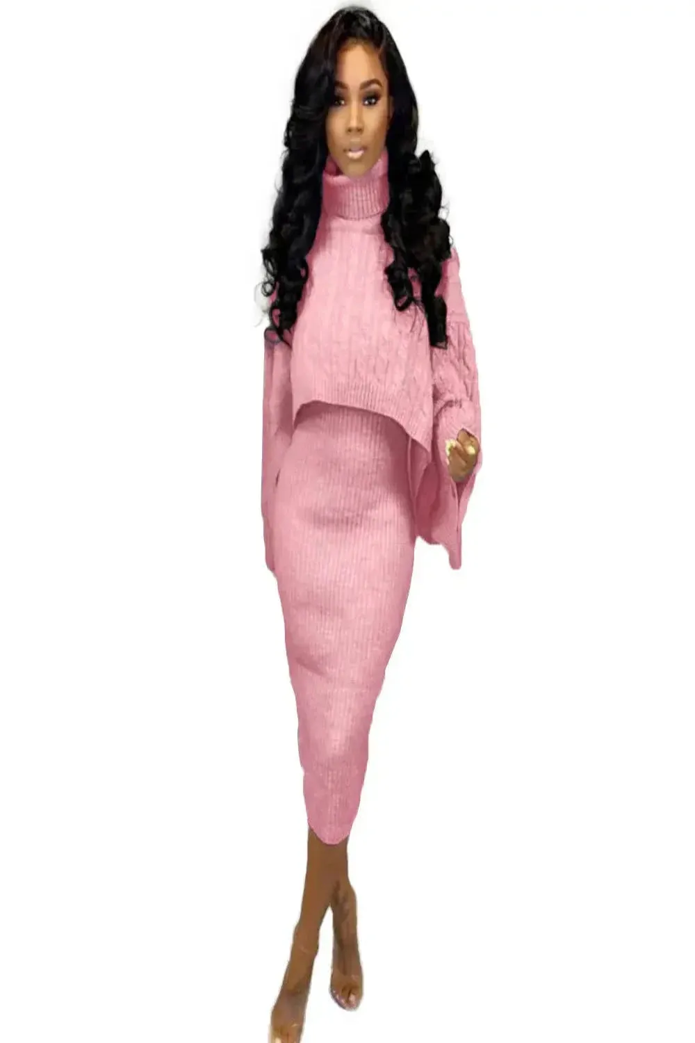 Cable Knit Cropped Turtleneck Sweater & Ribbed Midi Dress Set