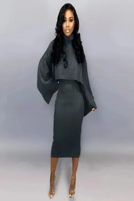 Cable Knit Cropped Turtleneck Sweater & Ribbed Midi Dress Set