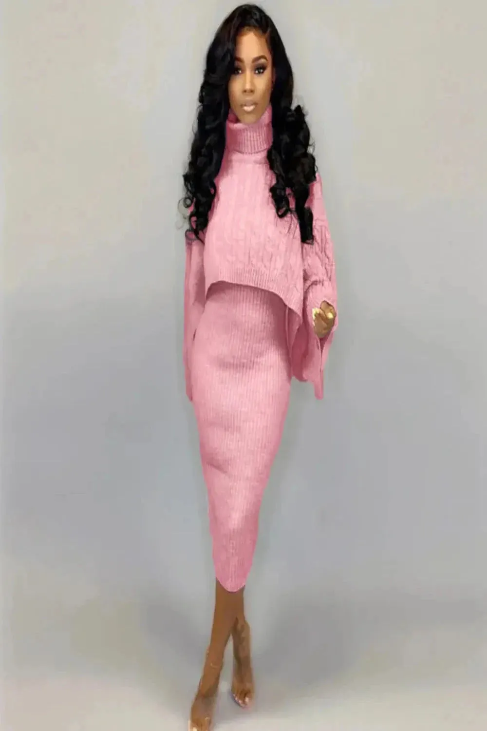 Cable Knit Cropped Turtleneck Sweater & Ribbed Midi Dress Set