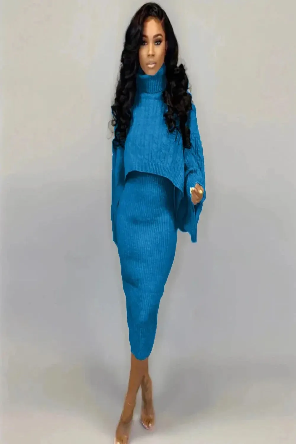 Cable Knit Cropped Turtleneck Sweater & Ribbed Midi Dress Set