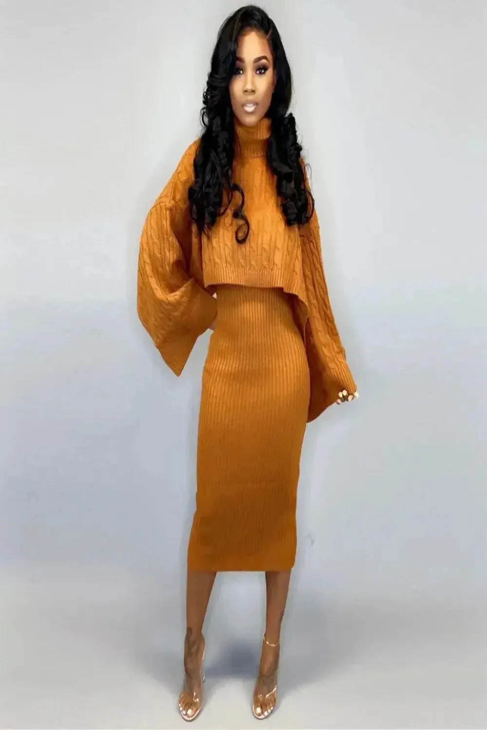 Cable Knit Cropped Turtleneck Sweater & Ribbed Midi Dress Set