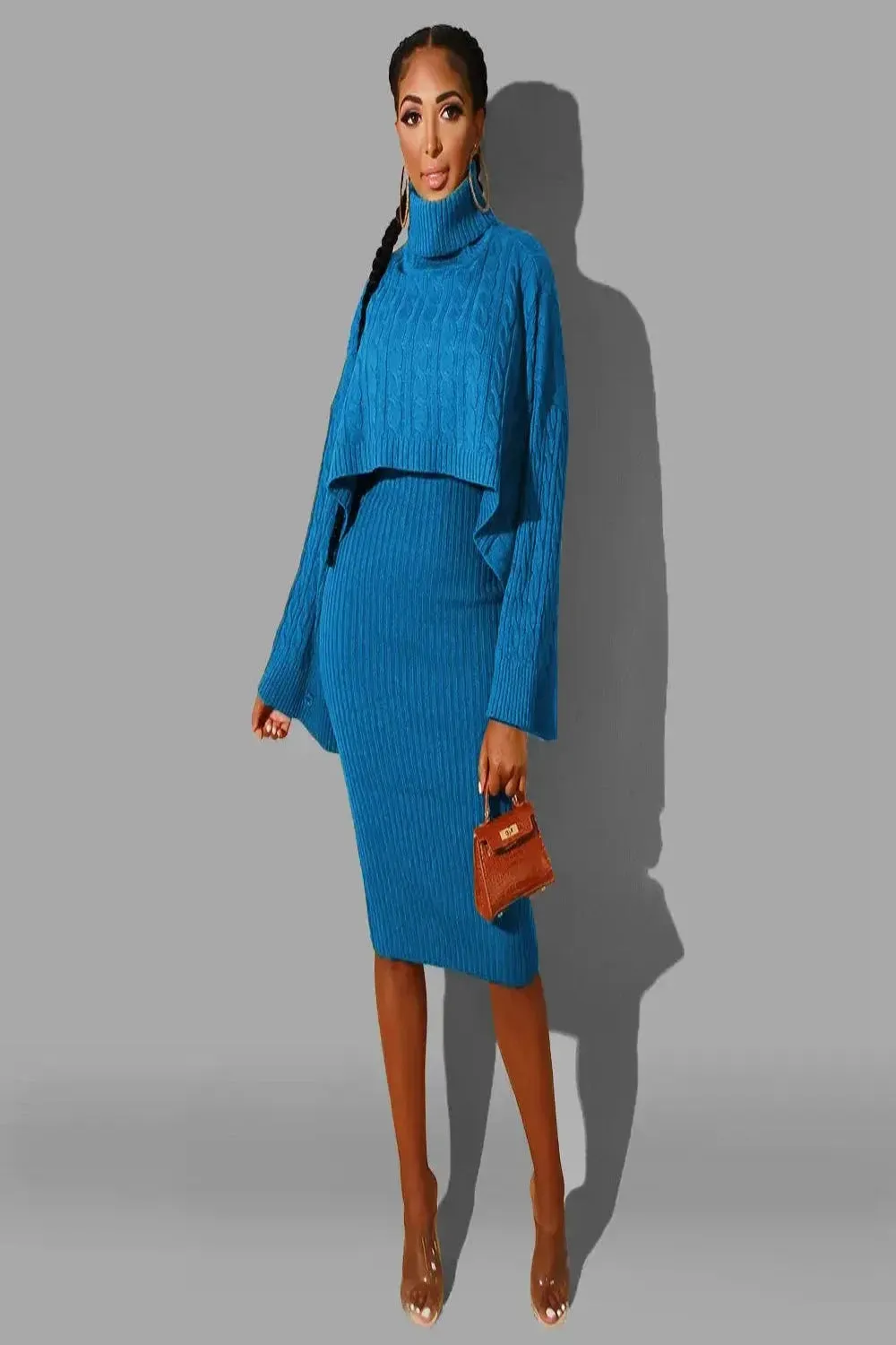 Cable Knit Cropped Turtleneck Sweater & Ribbed Midi Dress Set