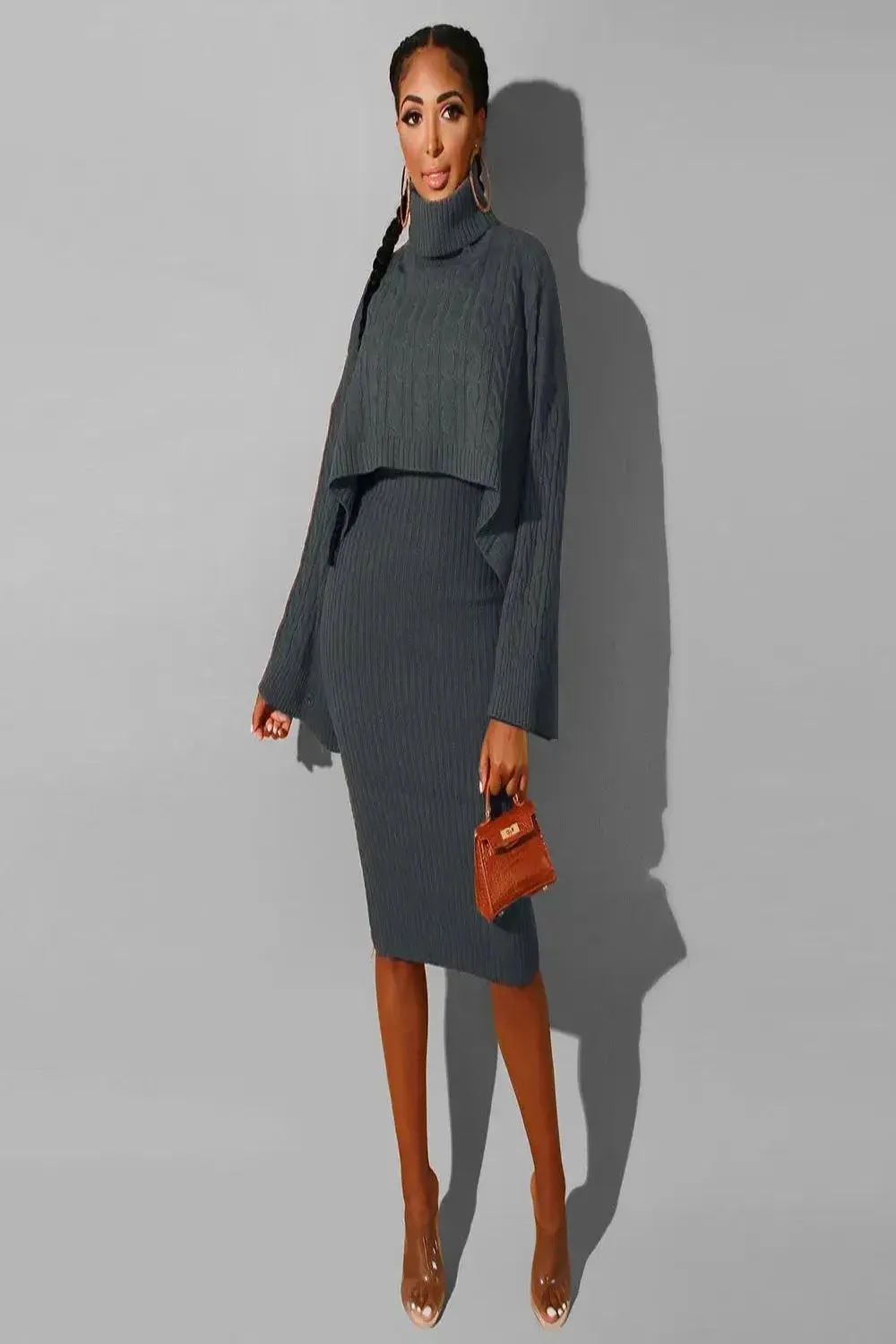 Cable Knit Cropped Turtleneck Sweater & Ribbed Midi Dress Set