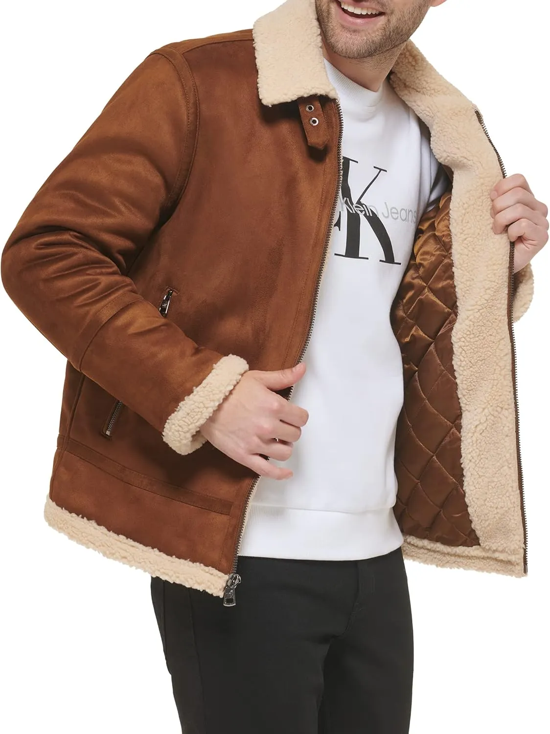 Calvin Klein Men's Faux Leather Jacket Men - Bomber Jacket with Shearling Lining