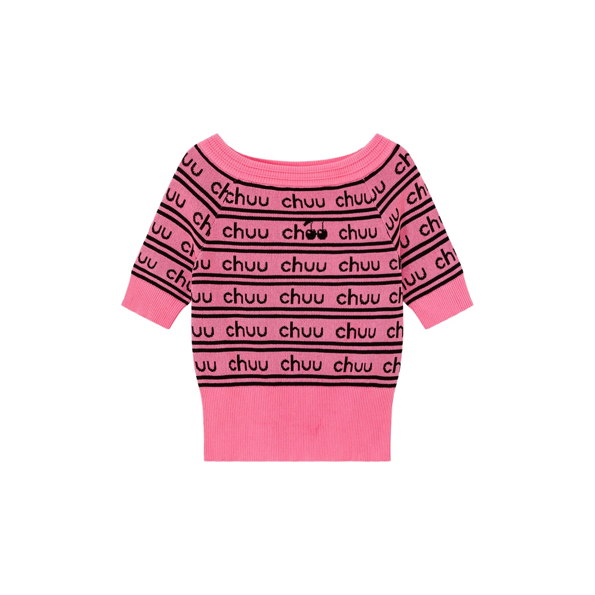 Cherry One Word Short Sleeved Knitted Slim Sweater