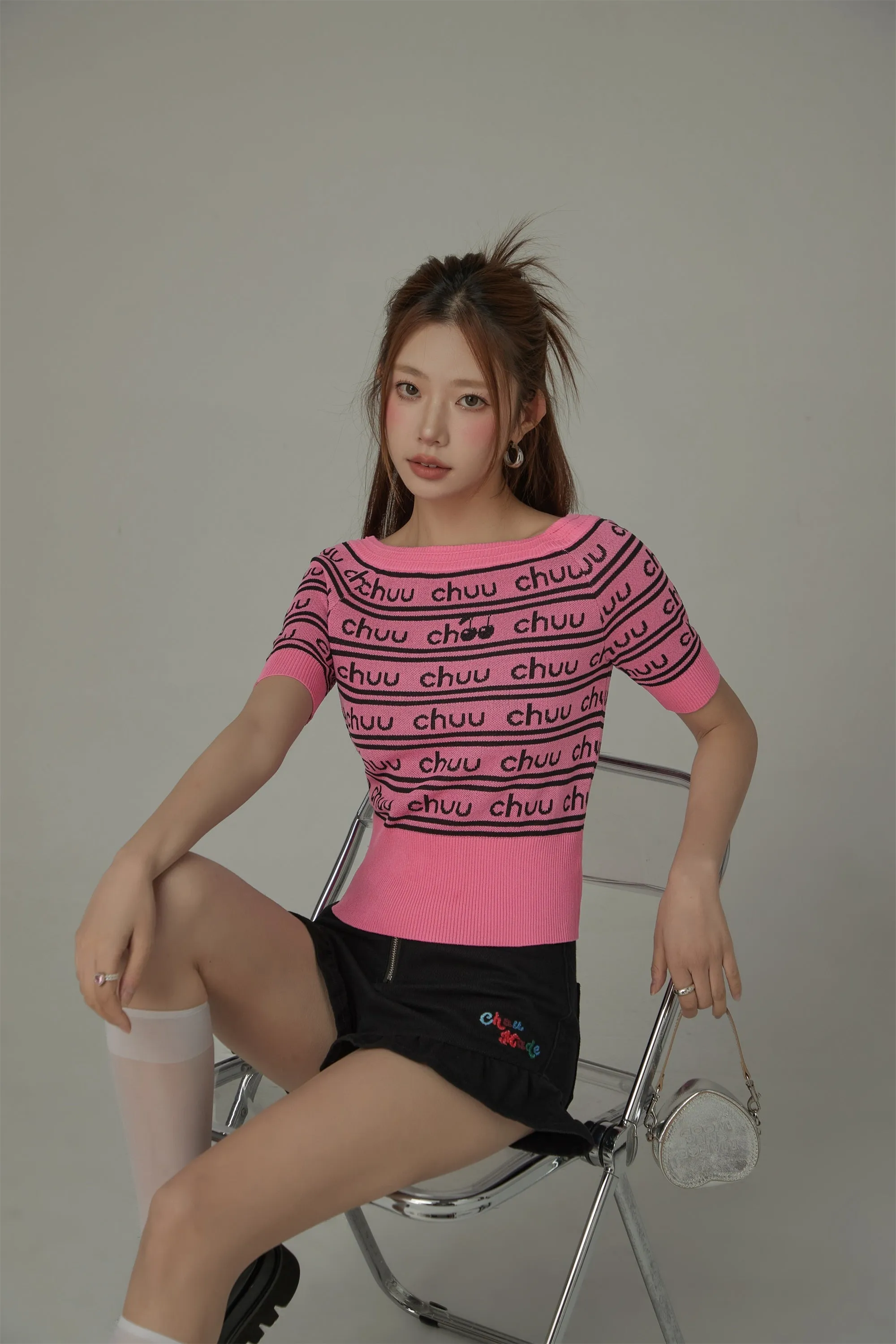 Cherry One Word Short Sleeved Knitted Slim Sweater