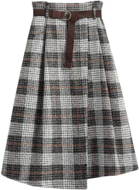 chouyatou Women's Vintage Plaid Wool Blend Midi Skirt Houndstooth A Line Wool Long Skirt with Belt