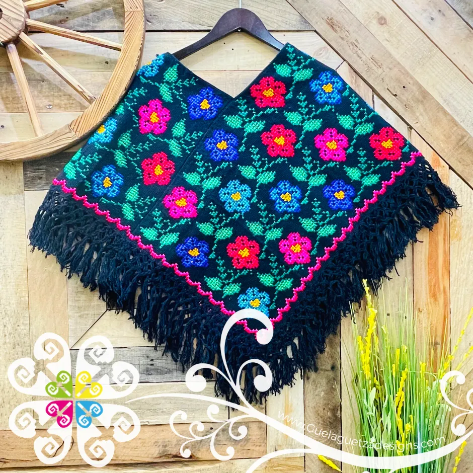 Colors Floral Design Embroider Poncho - Mañanita
