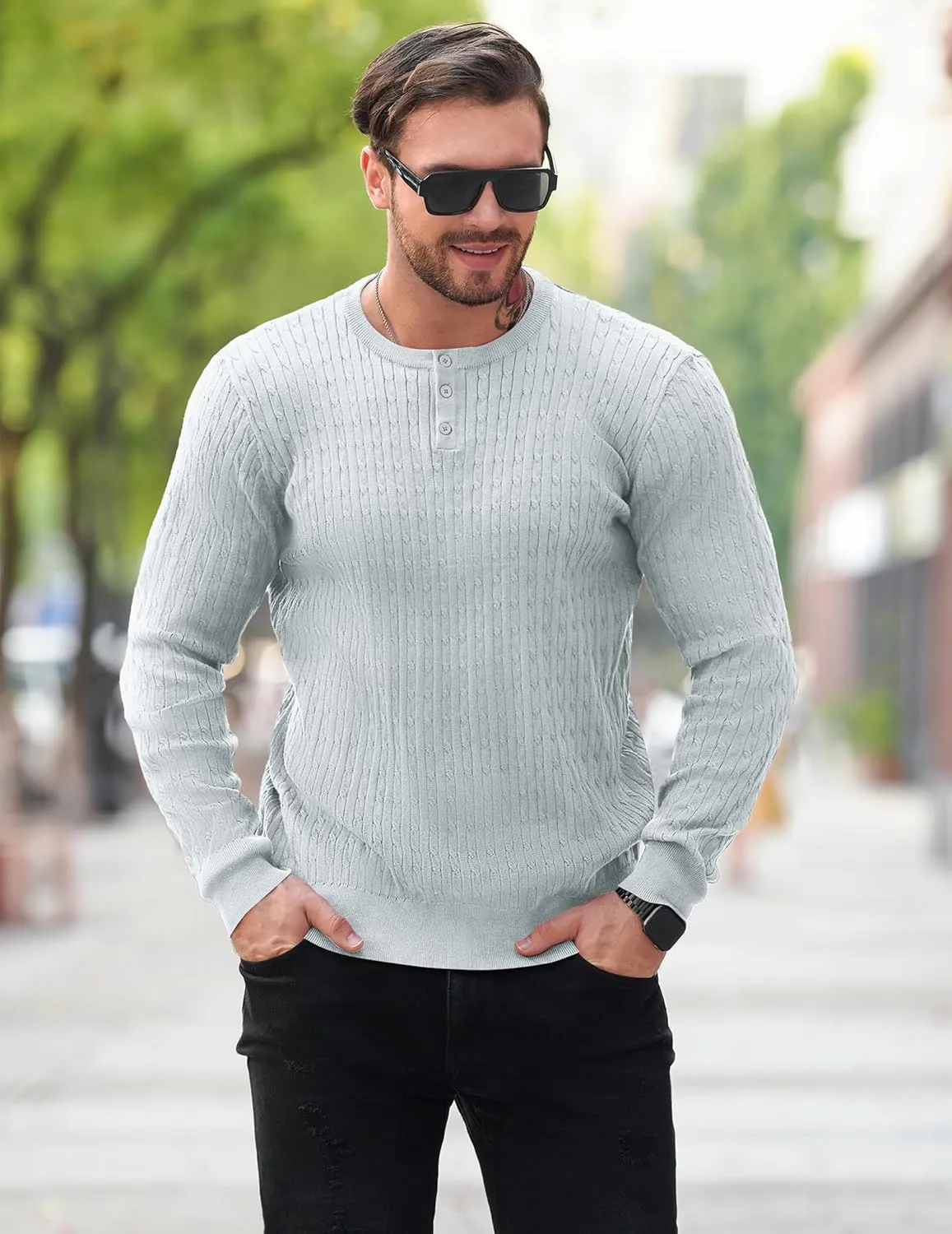 COOFANDY Men's Knit Henley Sweater Long Sleeve Button Down Fall Sweaters and Pullovers