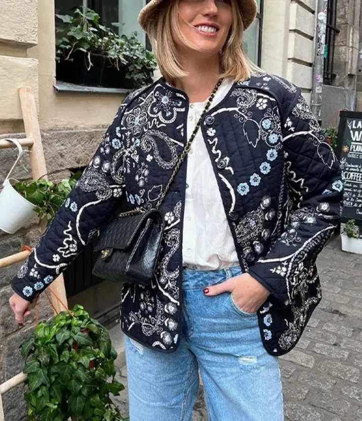 Cotton Printed Quilted Long Sleeve Patchwork Jacket