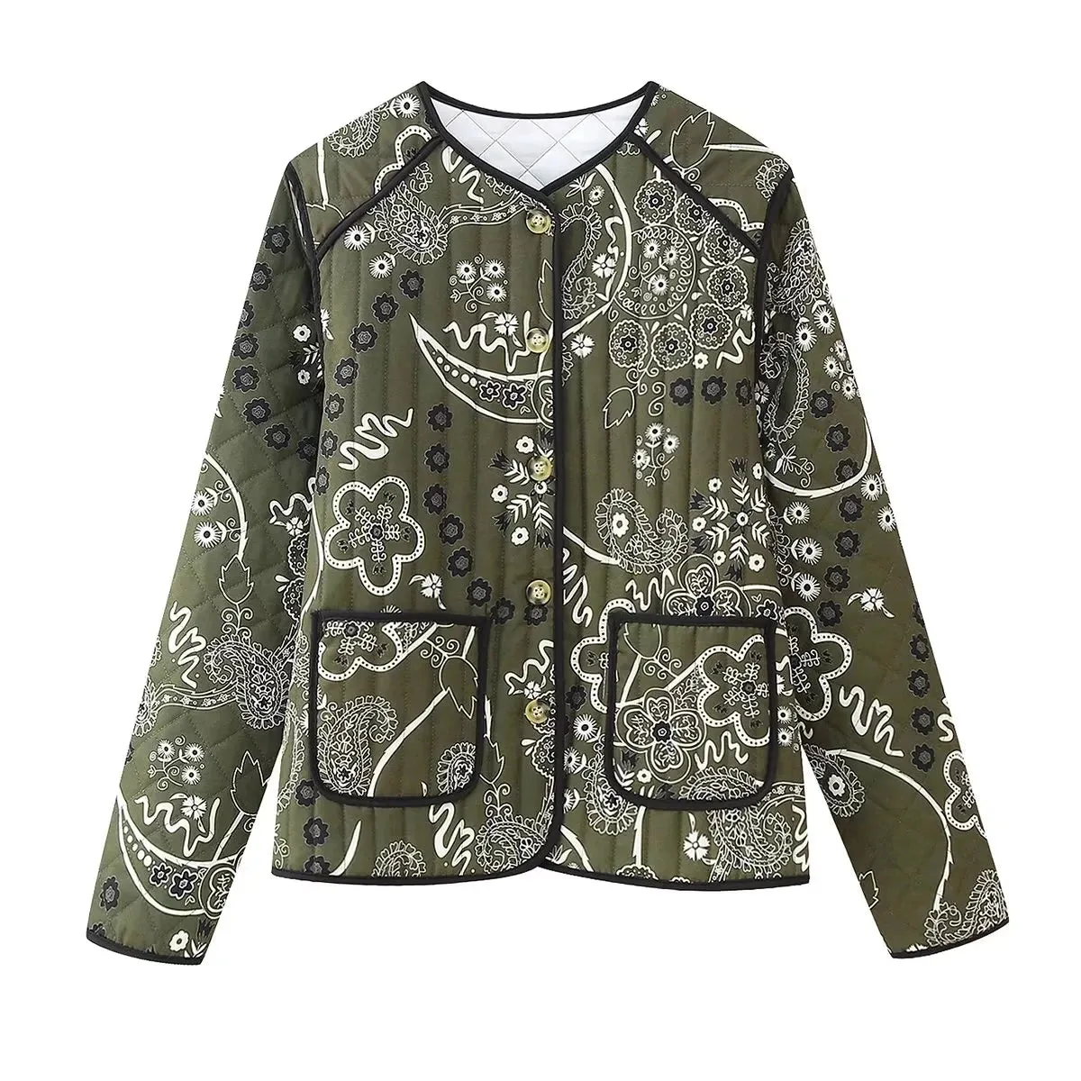 Cotton Printed Quilted Long Sleeve Patchwork Jacket