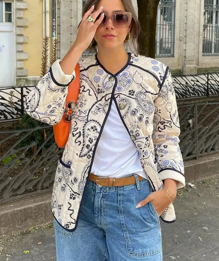 Cotton Printed Quilted Long Sleeve Patchwork Jacket