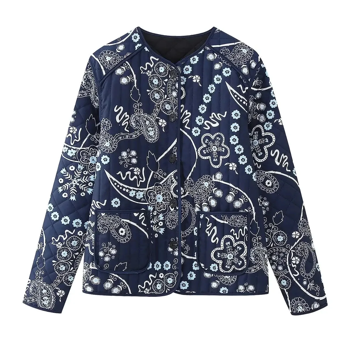 Cotton Printed Quilted Long Sleeve Patchwork Jacket