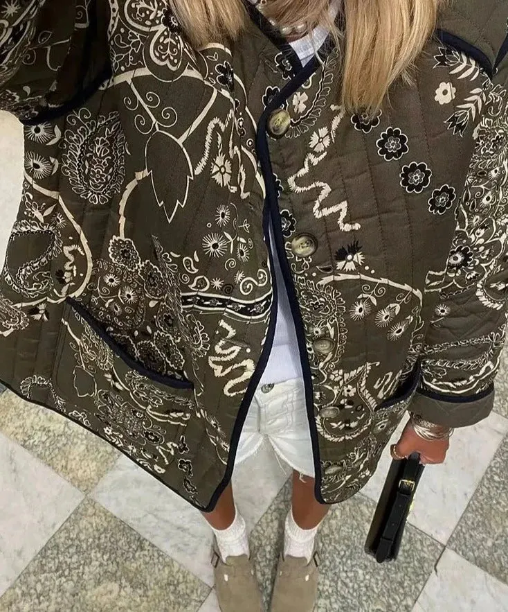 Cotton Printed Quilted Long Sleeve Patchwork Jacket