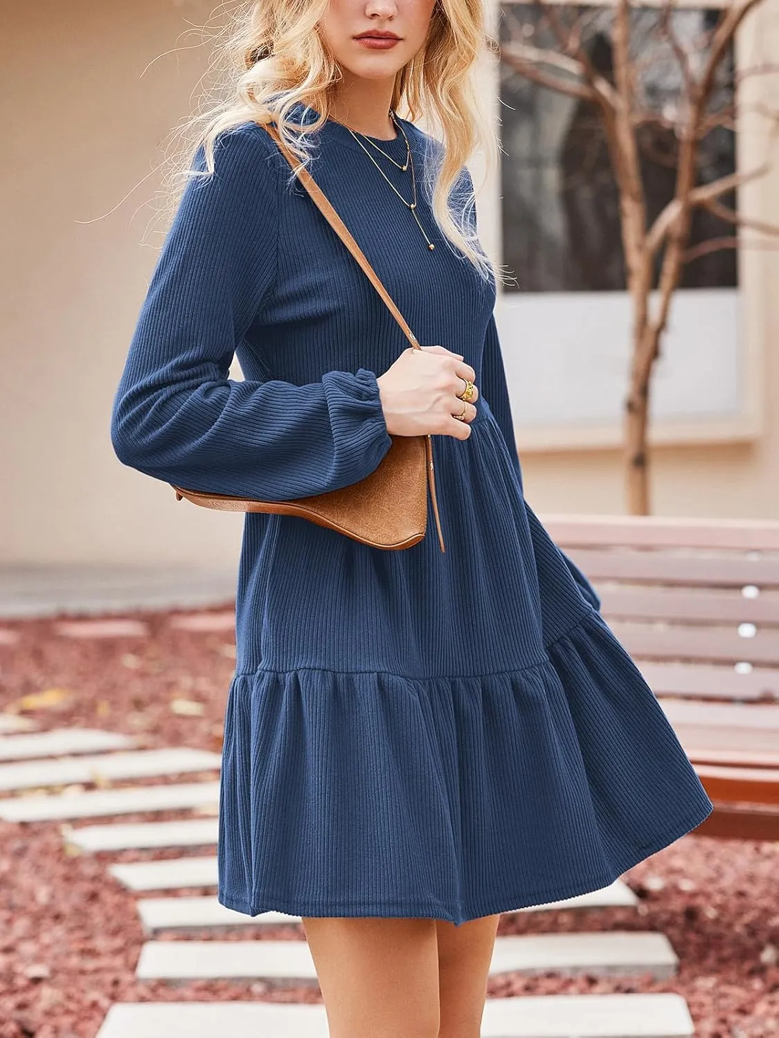 CUPSHE Women's Knitted Dresses Casual Long Sleeve Crew Neck Flowy Tiered
