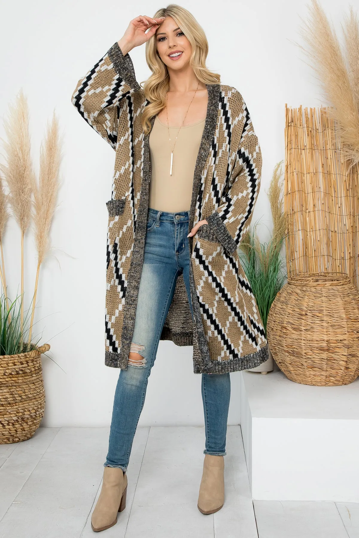 DIAMOND PATTERN KNITTED TERRY CARDIGAN 3-3