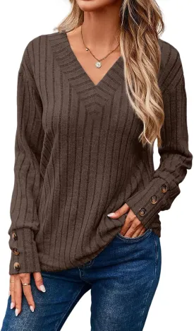 Dokotoo Womens Soft Long Sleeve V Neck Shirts Solid Casual Decorative Buttons Knitted Pullover Tunic Tops