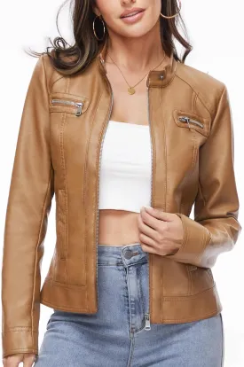 Fahsyee Zip Leather Jackets for Women Motorcycle Faux PU Moto Biker Outwear Coat