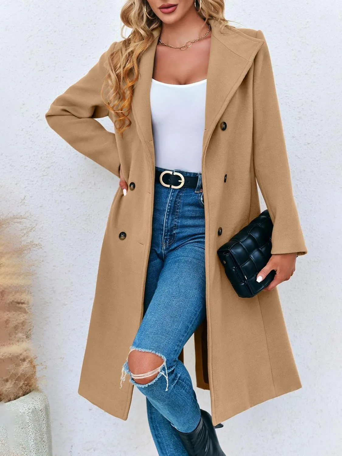 Fisoew Women Double Breasted Coats Long Winter Work Office Overcoat Pocketed Outwear with Belt