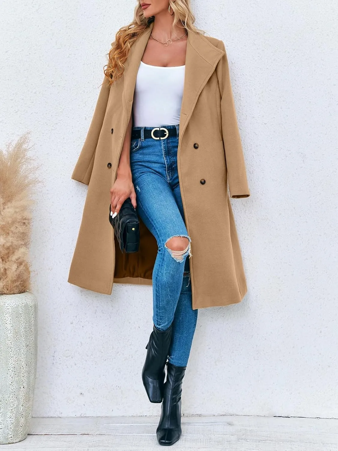 Fisoew Women Double Breasted Coats Long Winter Work Office Overcoat Pocketed Outwear with Belt