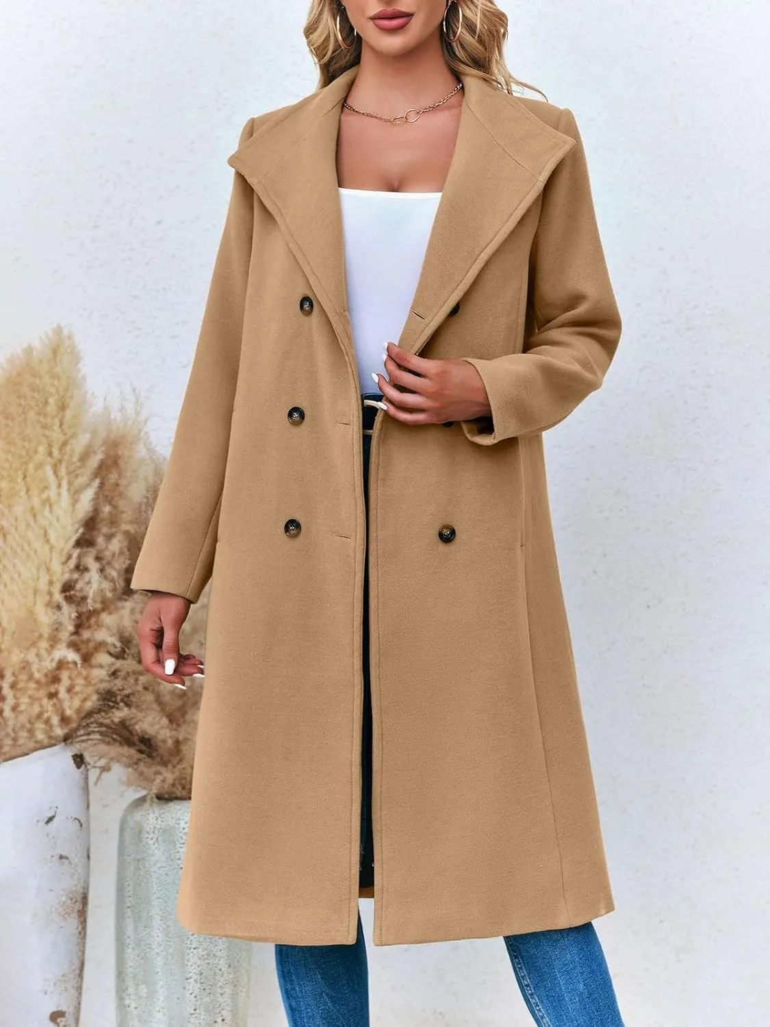 Fisoew Women Double Breasted Coats Long Winter Work Office Overcoat Pocketed Outwear with Belt