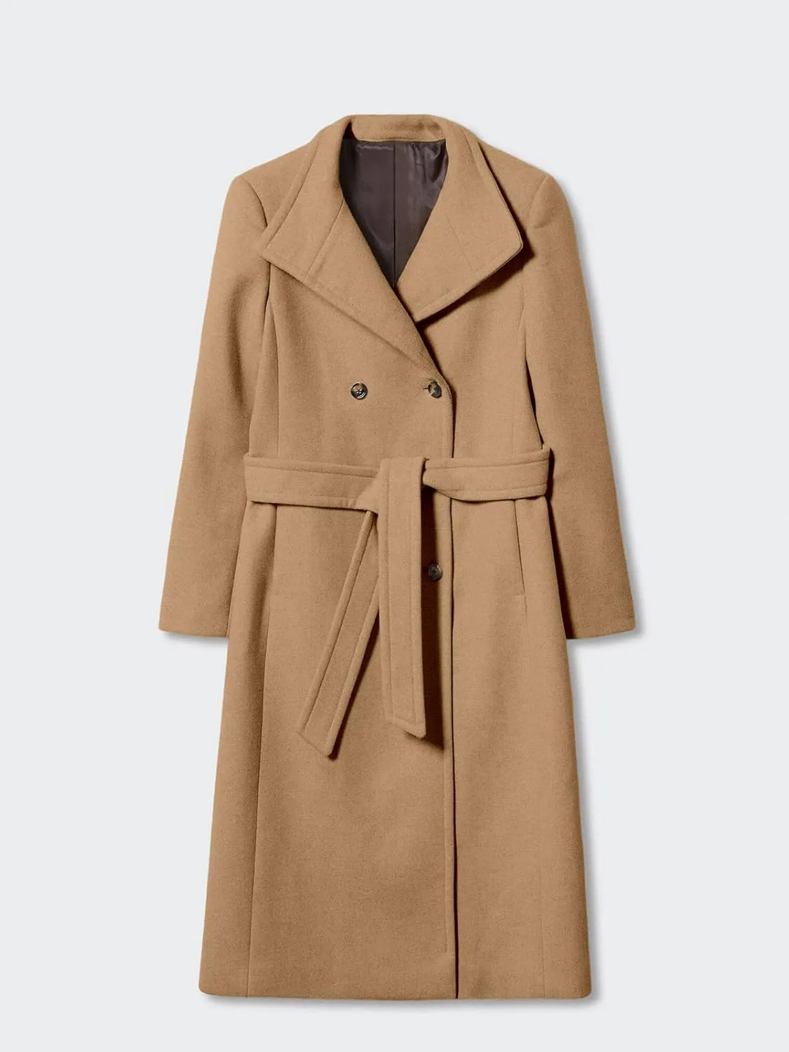 Fisoew Women Double Breasted Coats Long Winter Work Office Overcoat Pocketed Outwear with Belt