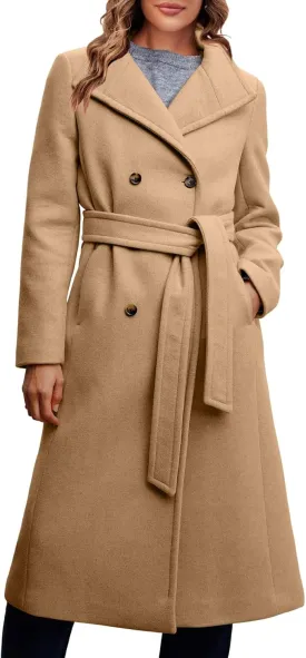 Fisoew Women Double Breasted Coats Long Winter Work Office Overcoat Pocketed Outwear with Belt