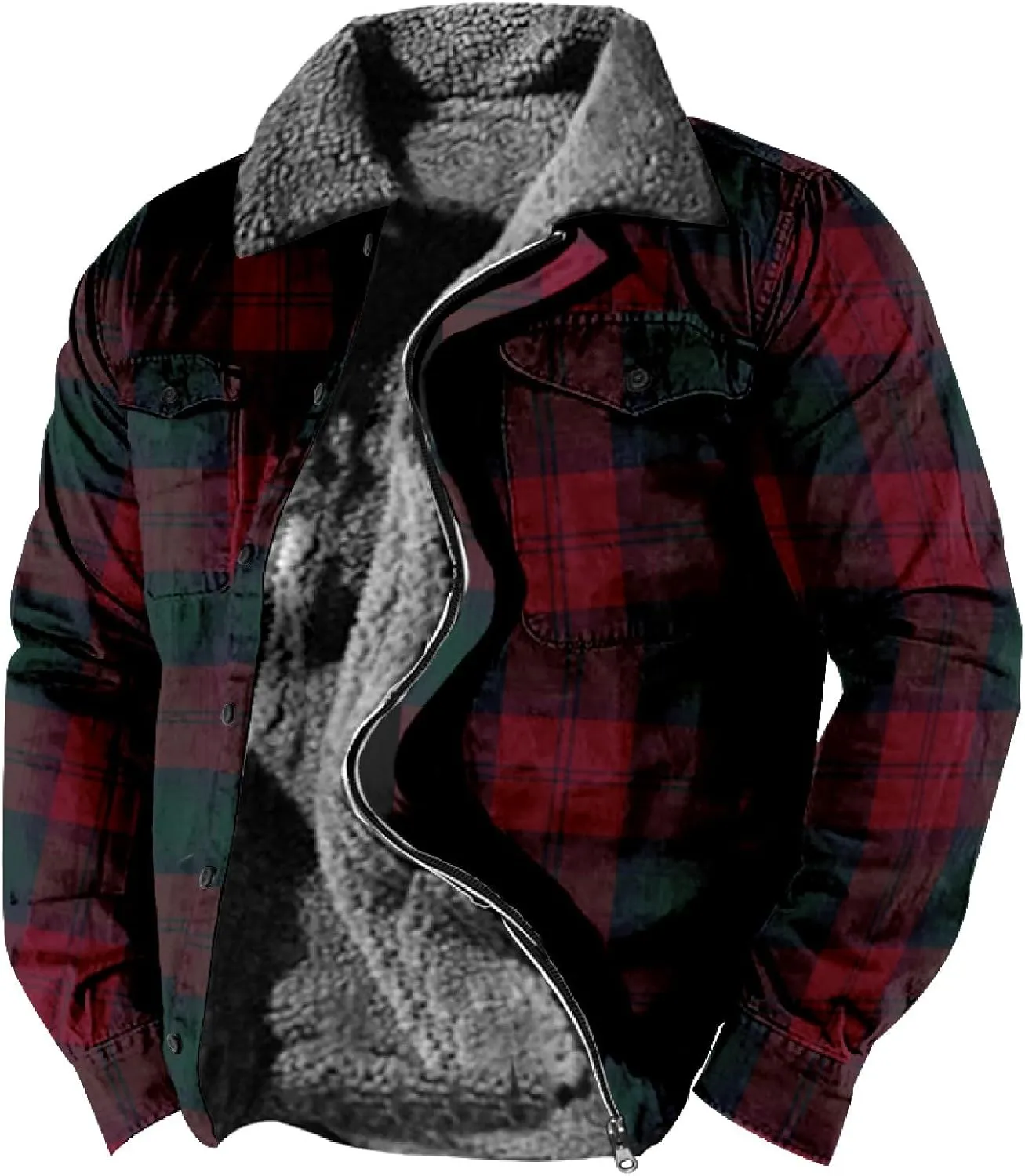 Flannel Jacket for Men Without Hood Zip up Hooded Heavyweight Thick Fleece Lined Winter Warm Plaid Shirt Jacket Big Tall