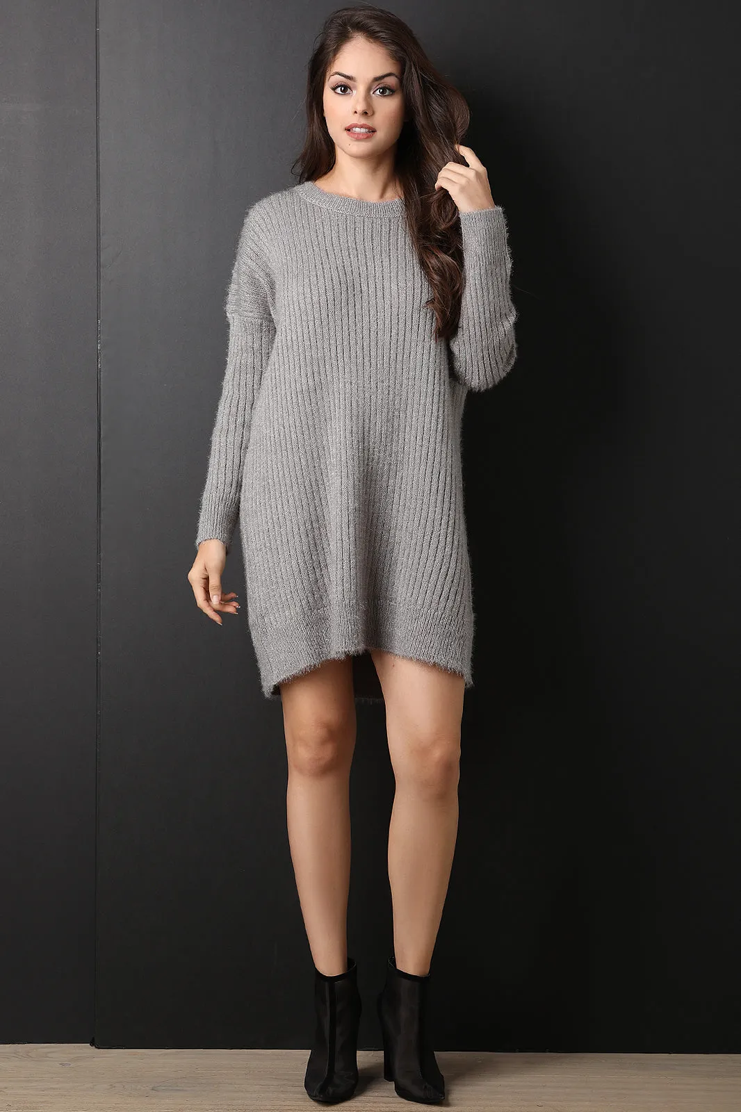 Fuzzy Ribbed Knit Sweater Dress