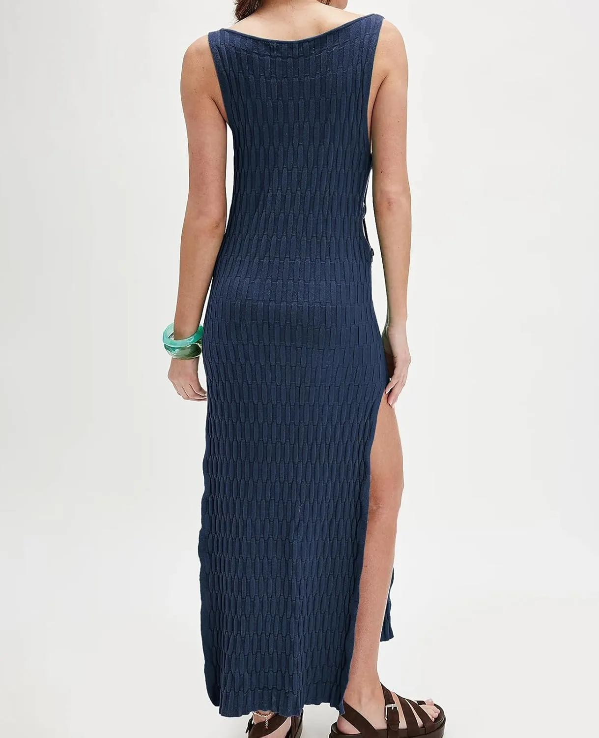 Hacikis Womens Summer Vacation Bodycon Midi Tank Dresses Textured Ribbed Knit Sleeveless Sweater Dress with Side Slit