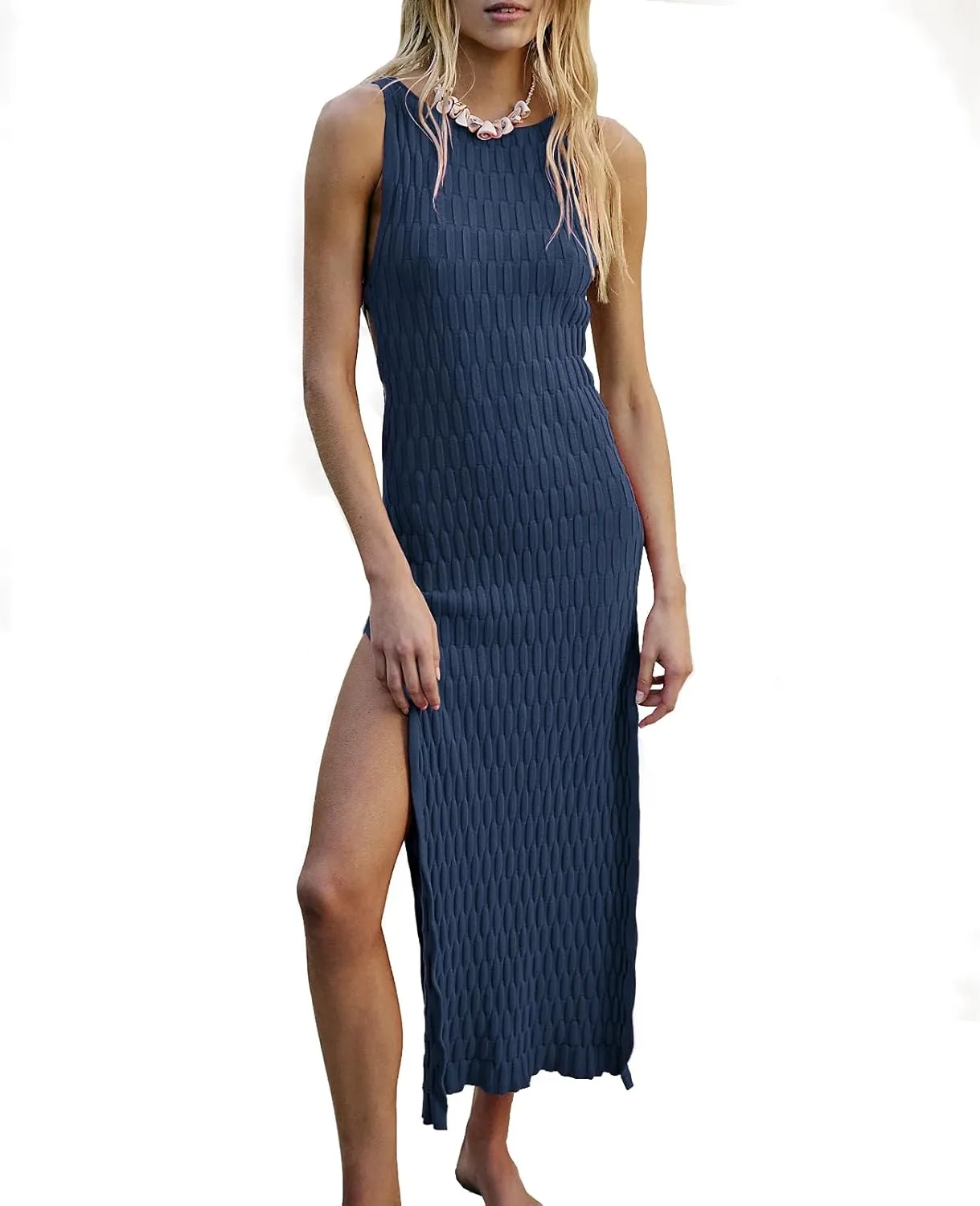 Hacikis Womens Summer Vacation Bodycon Midi Tank Dresses Textured Ribbed Knit Sleeveless Sweater Dress with Side Slit