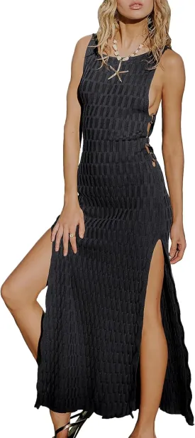 Hacikis Womens Summer Vacation Bodycon Midi Tank Dresses Textured Ribbed Knit Sleeveless Sweater Dress with Side Slit