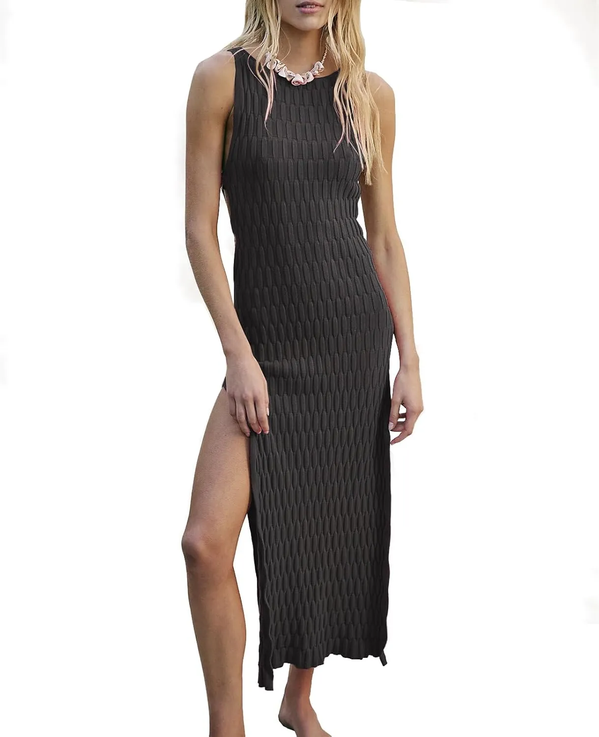 Hacikis Womens Summer Vacation Bodycon Midi Tank Dresses Textured Ribbed Knit Sleeveless Sweater Dress with Side Slit