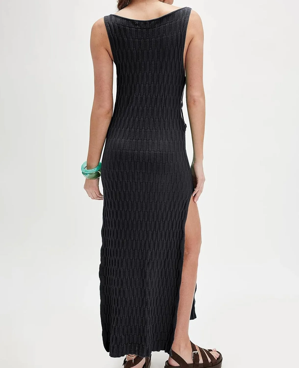 Hacikis Womens Summer Vacation Bodycon Midi Tank Dresses Textured Ribbed Knit Sleeveless Sweater Dress with Side Slit