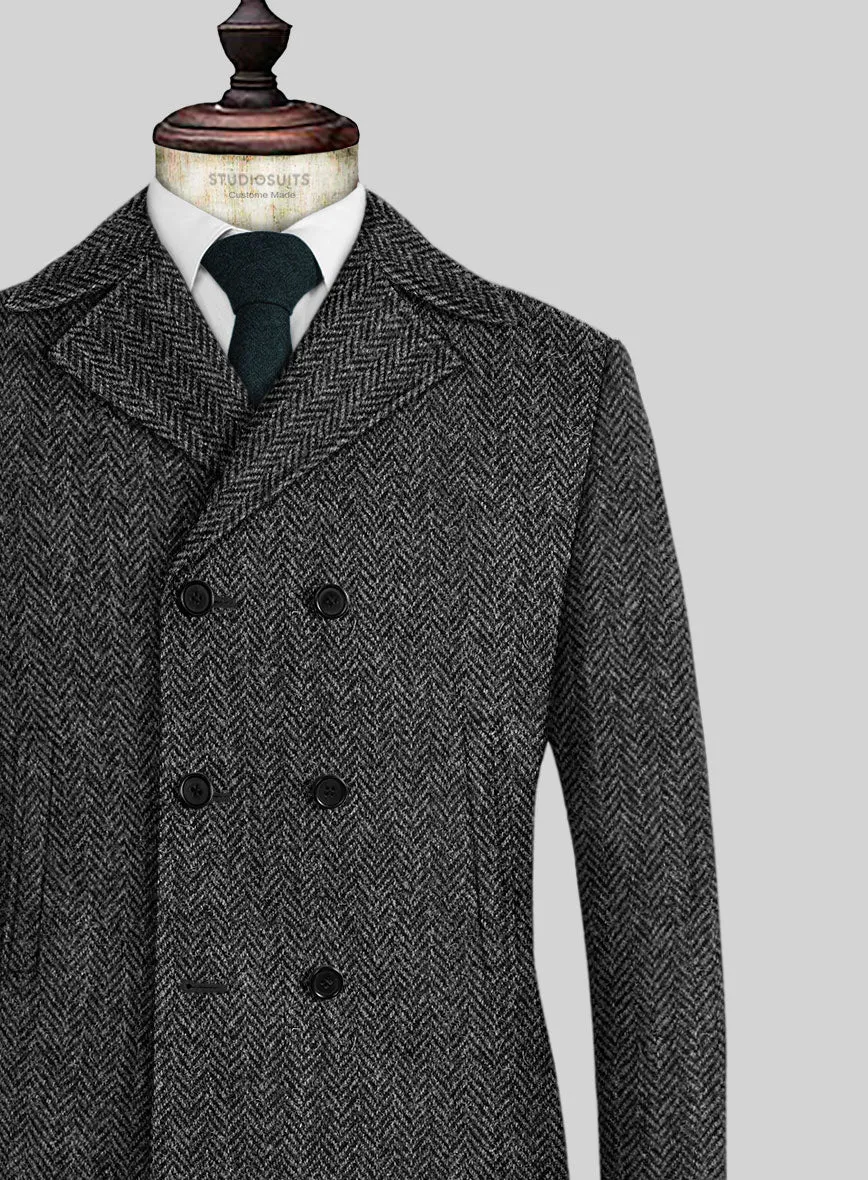 Harris Tweed Dark Gray Herringbone Pea Coat