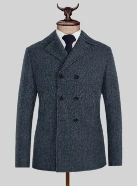 Highlander Heavy Blue Herringbone Tweed Pea Coat