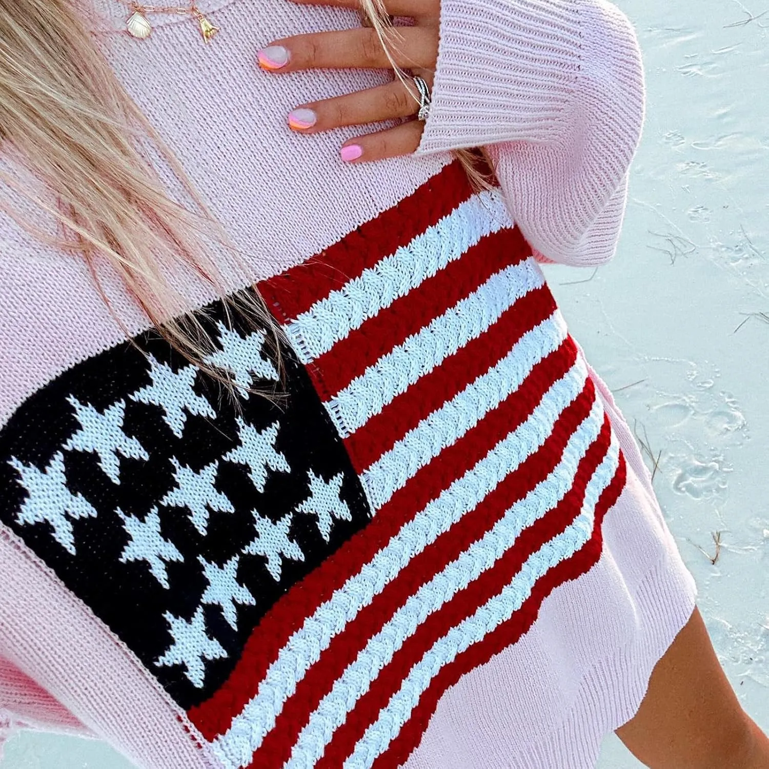 KMBANGI Women American Flag Sweater Graphic Loose Vintage Long Sleeve Crewneck Knitted Jumper Top Patriotic Pullover