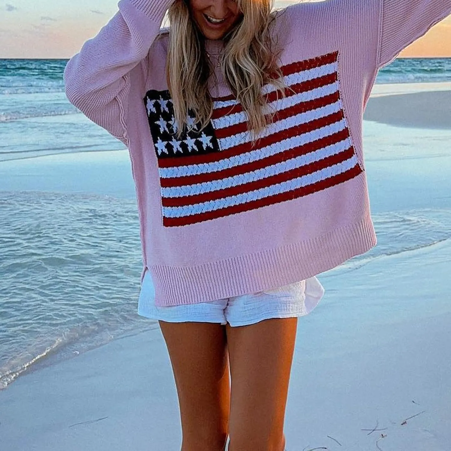 KMBANGI Women American Flag Sweater Graphic Loose Vintage Long Sleeve Crewneck Knitted Jumper Top Patriotic Pullover
