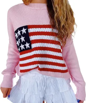 KMBANGI Women American Flag Sweater Graphic Loose Vintage Long Sleeve Crewneck Knitted Jumper Top Patriotic Pullover