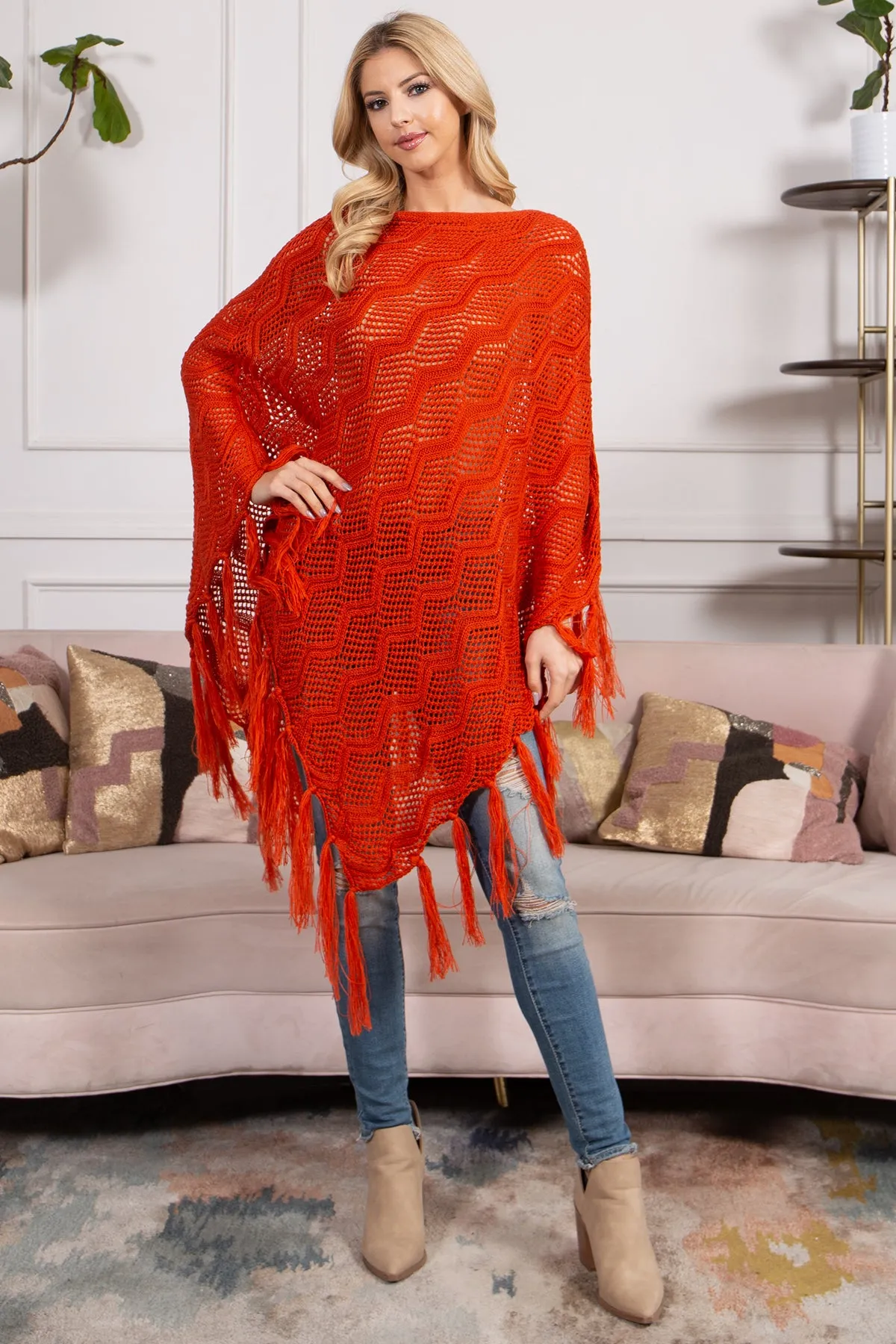 KNITTED NET WAVE PATTERN FRINGE TASSEL POCHO