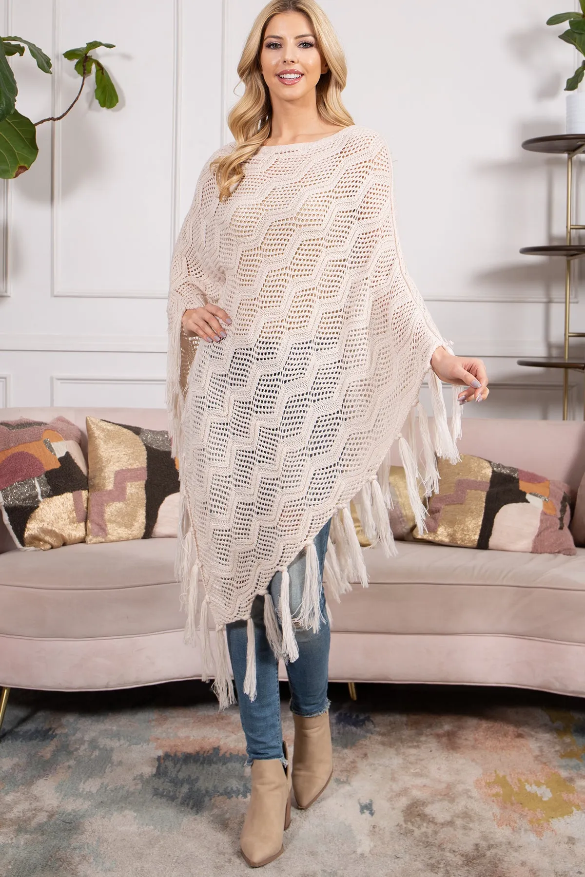 KNITTED NET WAVE PATTERN FRINGE TASSEL POCHO