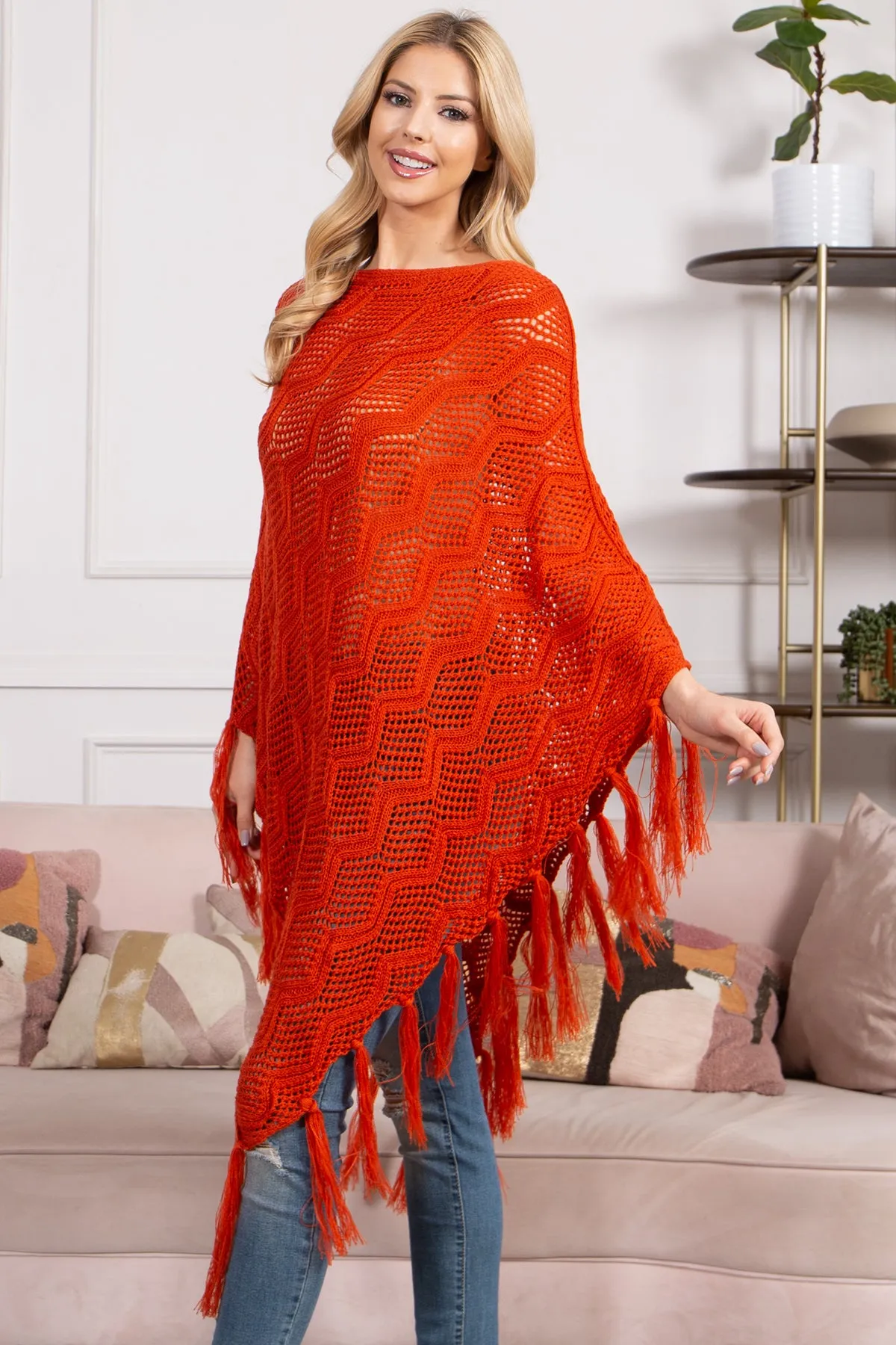 KNITTED NET WAVE PATTERN FRINGE TASSEL POCHO