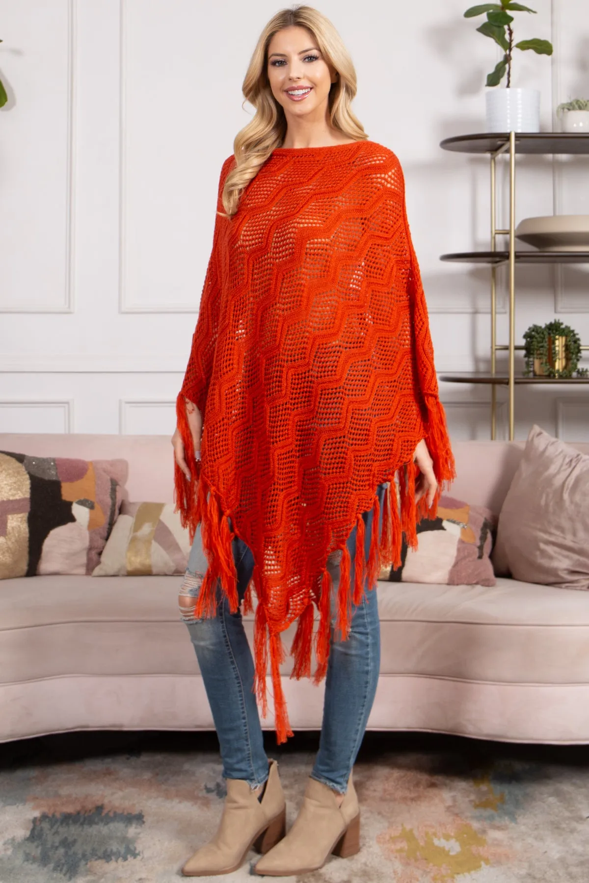 KNITTED NET WAVE PATTERN FRINGE TASSEL POCHO