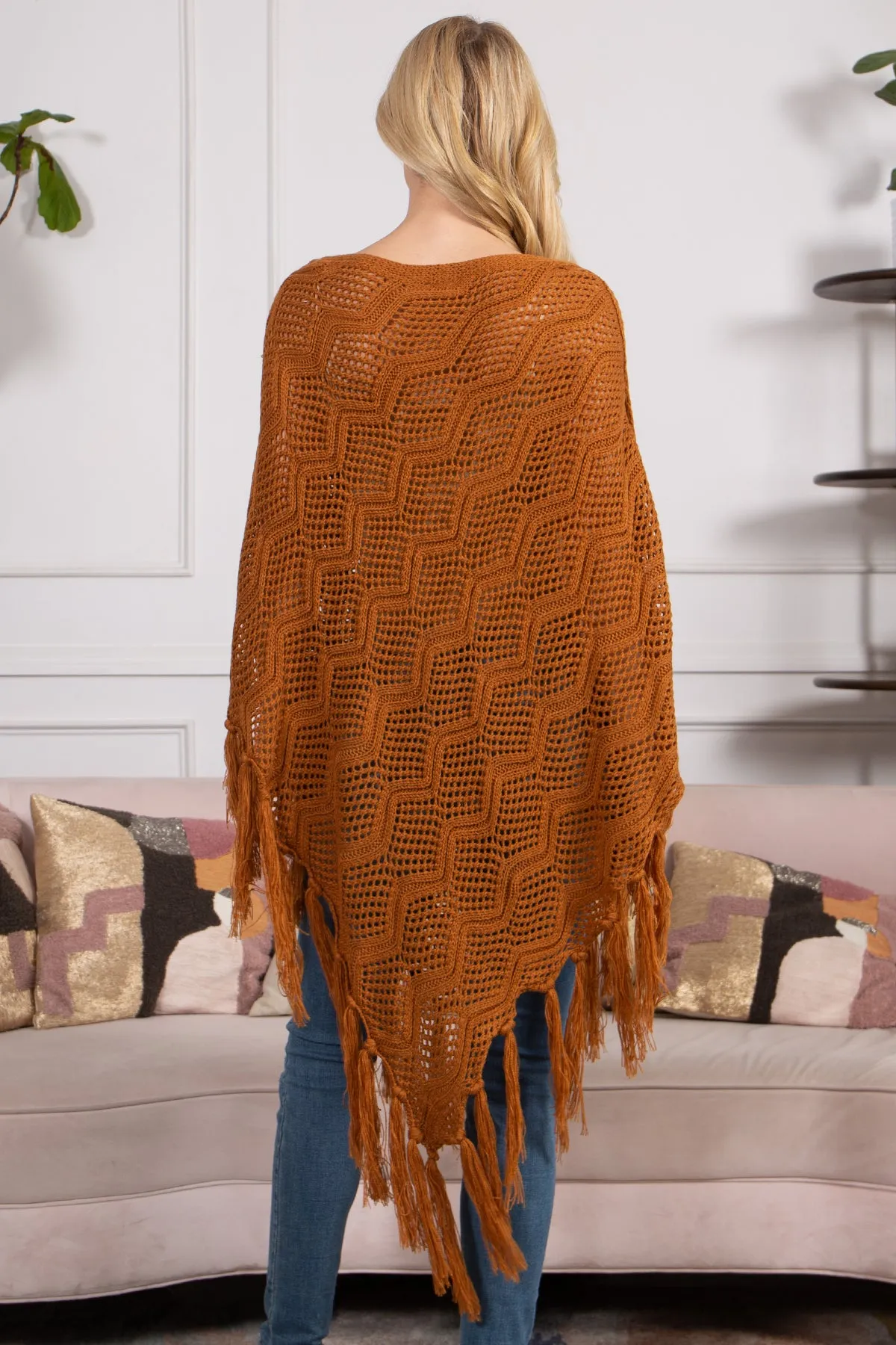 KNITTED NET WAVE PATTERN FRINGE TASSEL POCHO